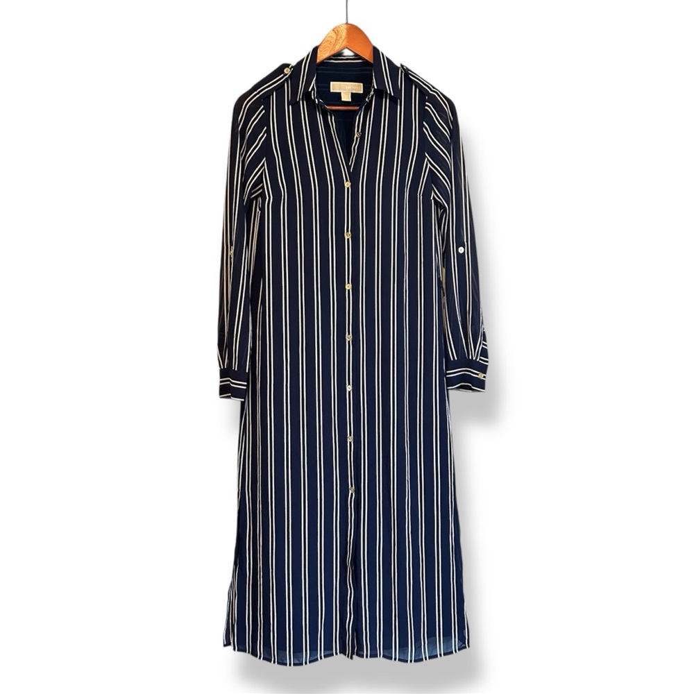 [Michael Kors] Navy and White Striped Long Sleeve Dress